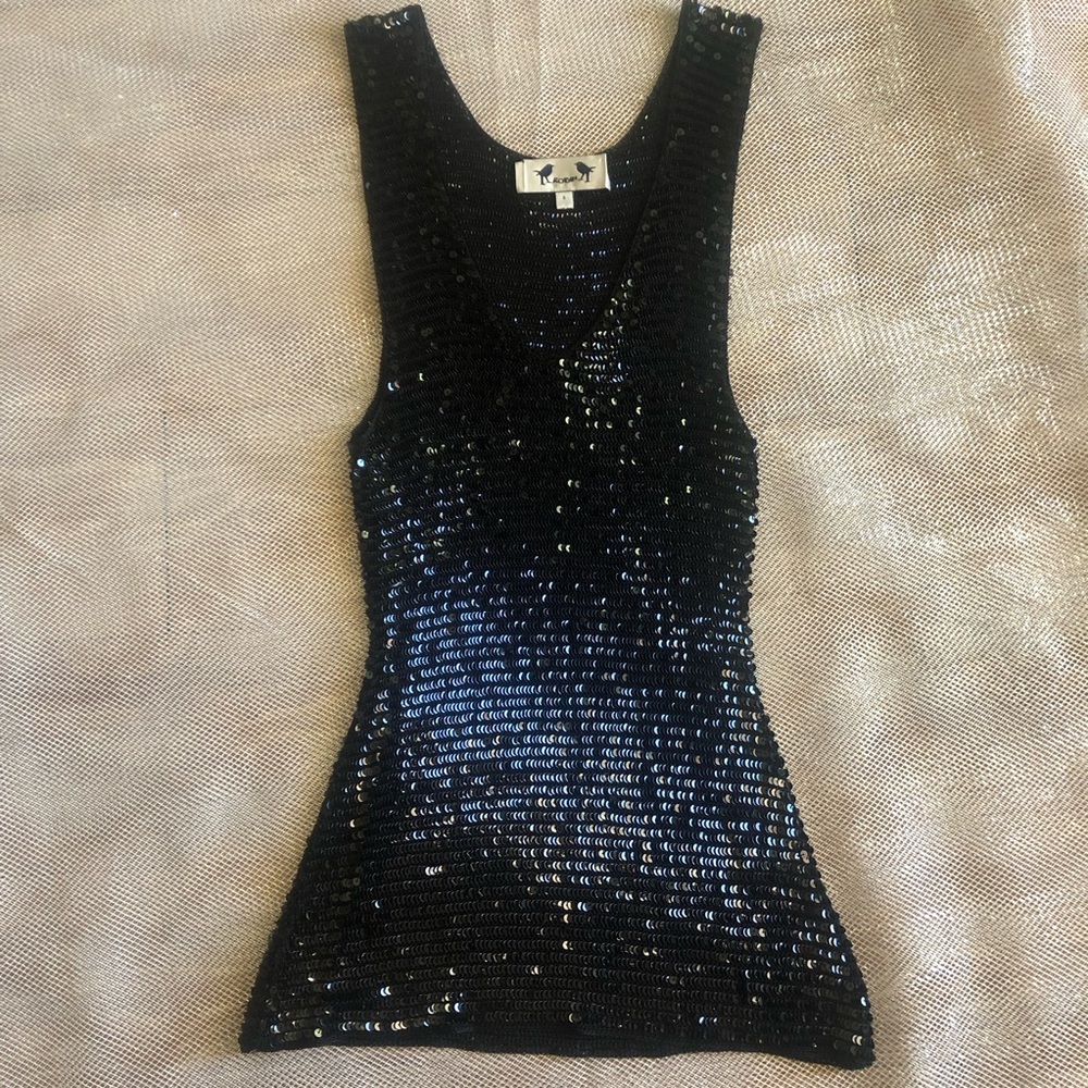 Robin Sequin V Neck Knit Tank Top Black Sequin Top size 6